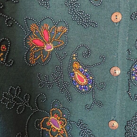 Susan Bristol Vintage Hand embroidered Green Floral Paisley Cardigan Small Retro - Picture 7 of 7